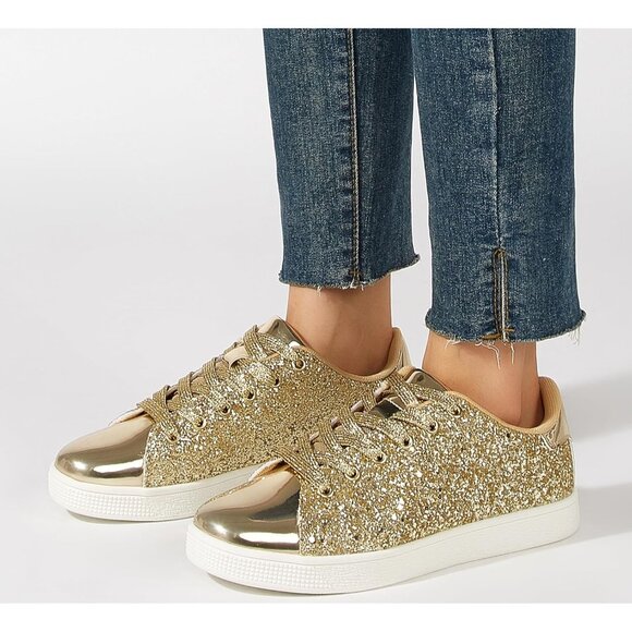 Women's Gold Glitter Shoes Sparkly Bling Shiny Bedazzled Lace Up Sneaker - Picture 7 of 9